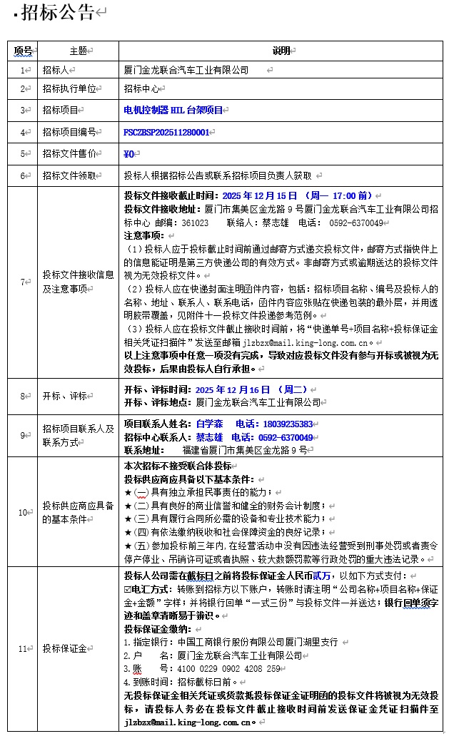 公開招標招標公告-電機控制HIL臺架項目-2025.12.02